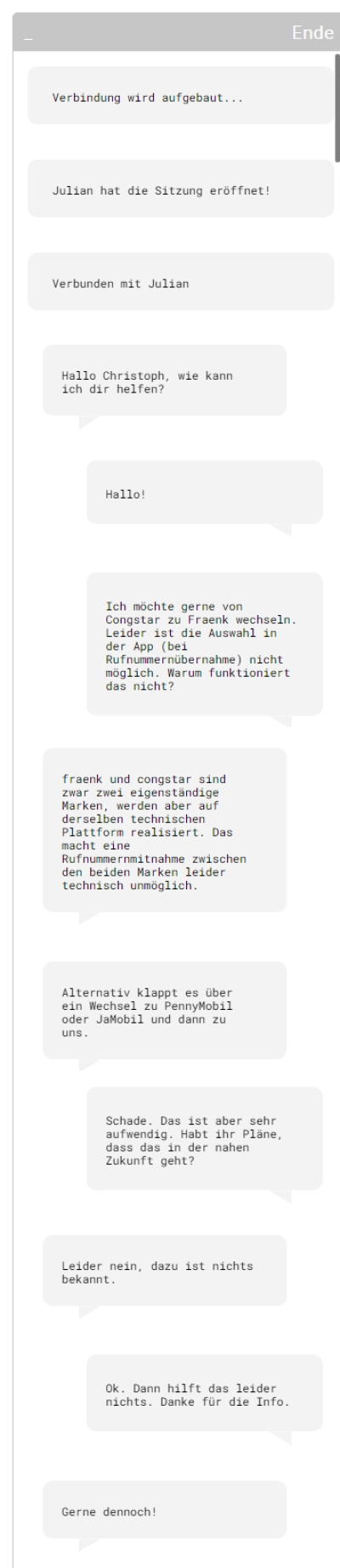 Kundenservice von Fraenk bezüglich Rufnummernmitnahme