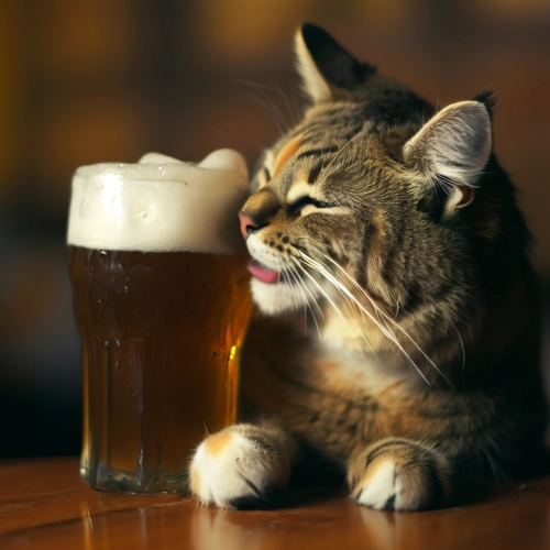 Katze trinkt Bier.