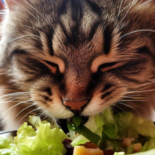 Katze isst eien Salat.