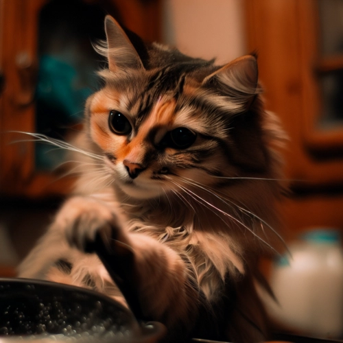 Katze beim Abwasch, Geschirrspülen