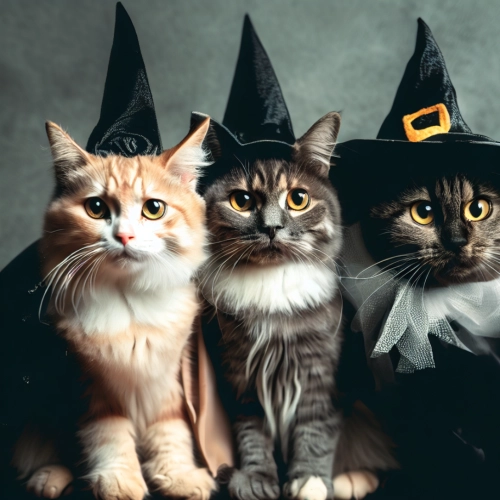 Katzen verkleidet als Hexen, angelehnt an Harry Potter