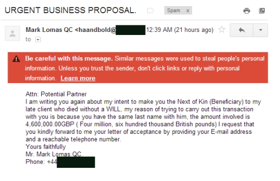 Typische Spammail zum Thema Geld erben und investieren