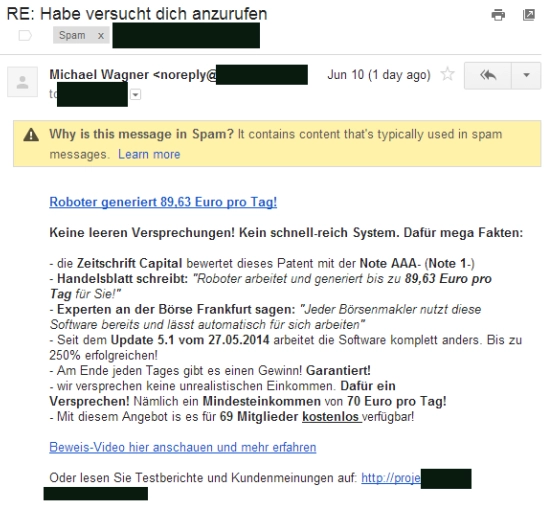 Typische Spammail zum Thema Geld verdienen