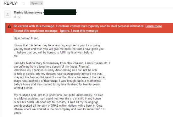 Typische Spammail zum Thema Geld erben