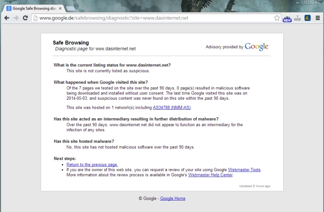 Google Safe Browing Ergebnis